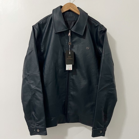 BV Clothing Mens Faux Leather Jacket Black Full Zip Collared Size L